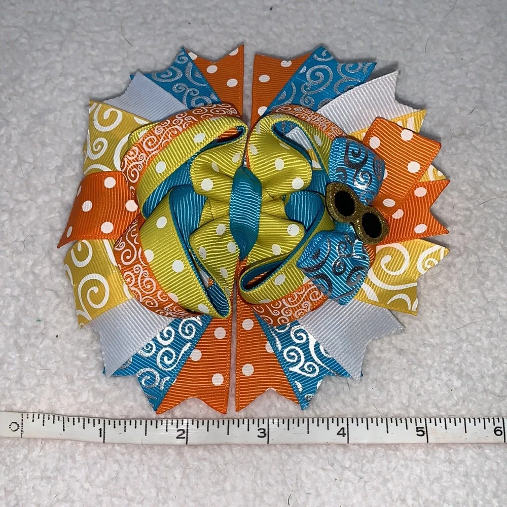 Big Sunshine Day Hairbow Bow OTT Custom Made Orange Yellow & Blue EUC